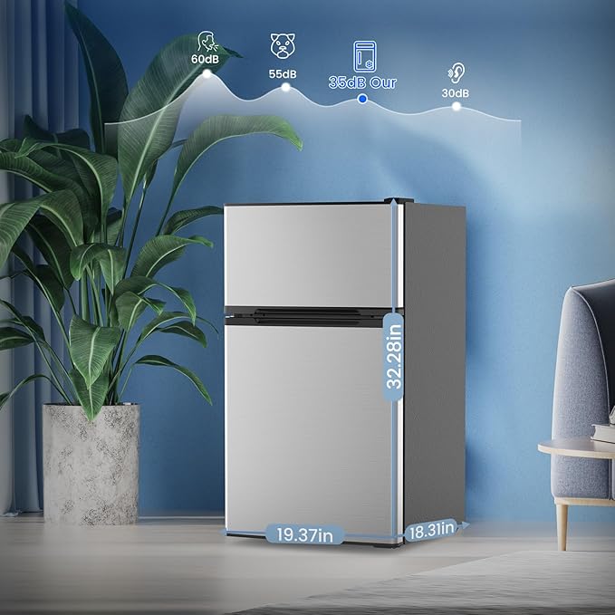 3.1 Cu.Ft Mini Fridge with Freezer, 2 Door Compact Refrigerator, Mini Fridge with Adjustable Removable Glass Shelves for Bedroom, Office, Dorm or Apartment, Stainless Steel-DeskLoop Office