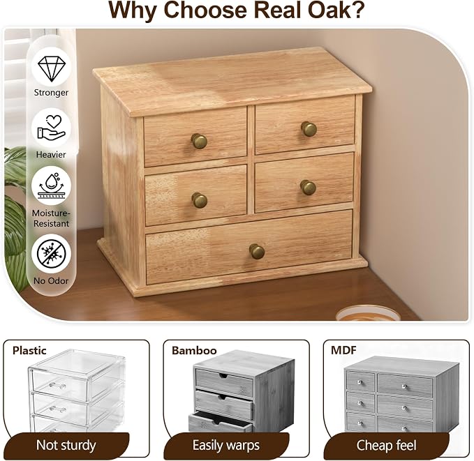 Oak Desk Organizer with Drawers, Wooden Desktop Storage Box with Metal Handles - Image 3