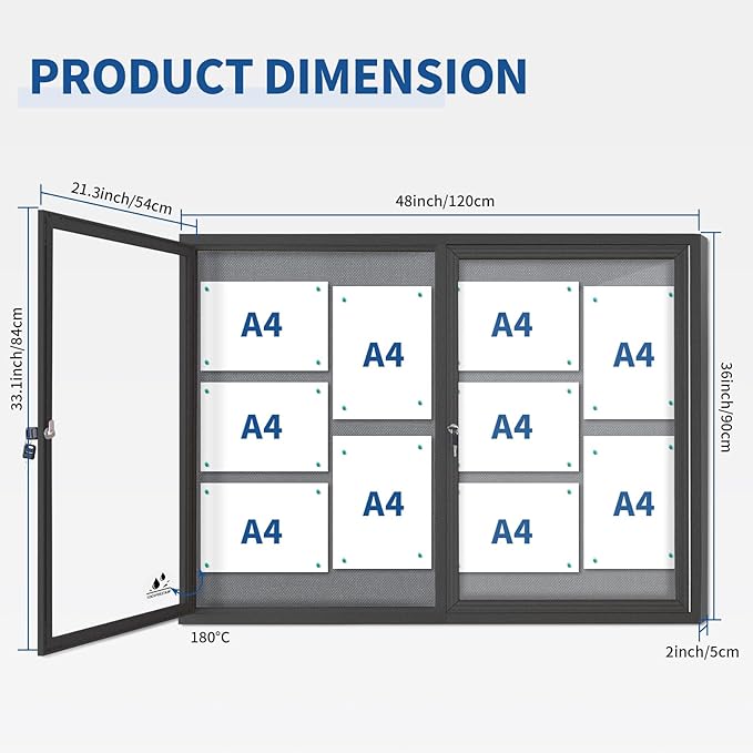 Enclosed Bulletin Board Lockable,Double-Door Weatherproof Outdoor Noticeboard with Locking Door, Wall-Mounted Aluminum Framed Presentation Board, 44x32 Inch (8xA4)-DeskLoop Office
