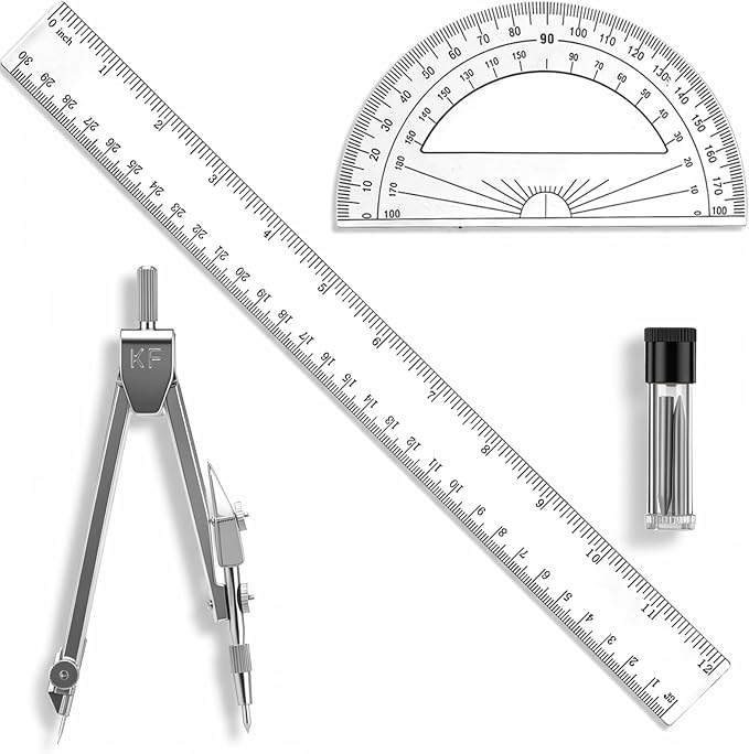 Protractor and Compass Set Plastic 12in Ruler Measuring Tool by Unknown