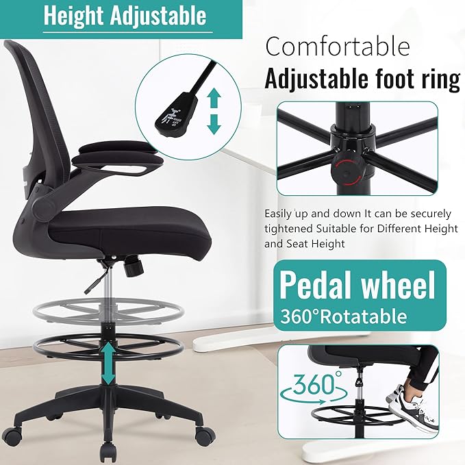 BestOffice Drafting Chair Tall Office Chair with Adjustable Foot Ring and Flip-Up Arms Computer Standing Desk Chair Executive Rolling Swivel Chair for Office & Home-DeskLoop Office