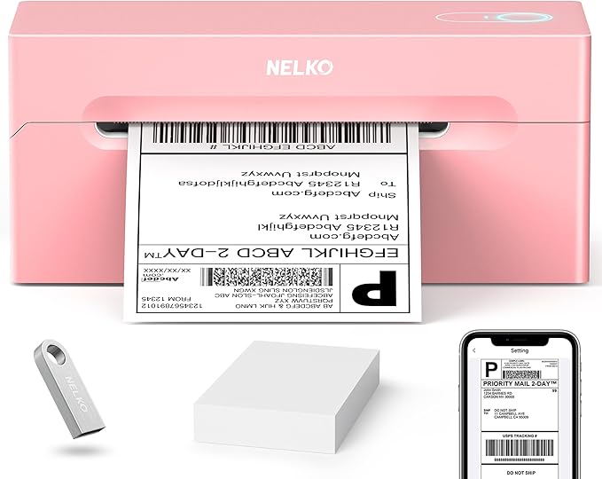 Nelko Bluetooth Thermal Shipping Label Printer, Wireless 4x6 Shipping Label Printer for Small Business, Support Android, iPhone and Windows, Widely Used for Amazon, Ebay, Shopify, USPS(Pink)-DeskLoop Office