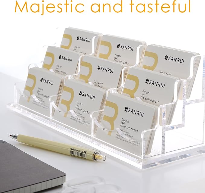 SANRUI Clear Horizontal Business Card Holder Stand for Desk, Acrylic Desktop Display Name Cards Holders Organizer Storage Rack,for Exhibition, Home , Office ,3 Tier 9 Pocket , 540 Card Capacity-DeskLoop Office