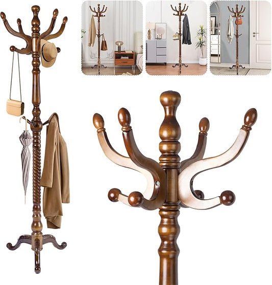 Solid Wood Coat Rack – 74.8" Freestanding Coat Racks Stand with 11 Hooks & Stable Base, Adjustable Height Modern Wooden Hall Tree for Entryway, Bedroom, Office, Home (Walnut Triangle)-DeskLoop Office