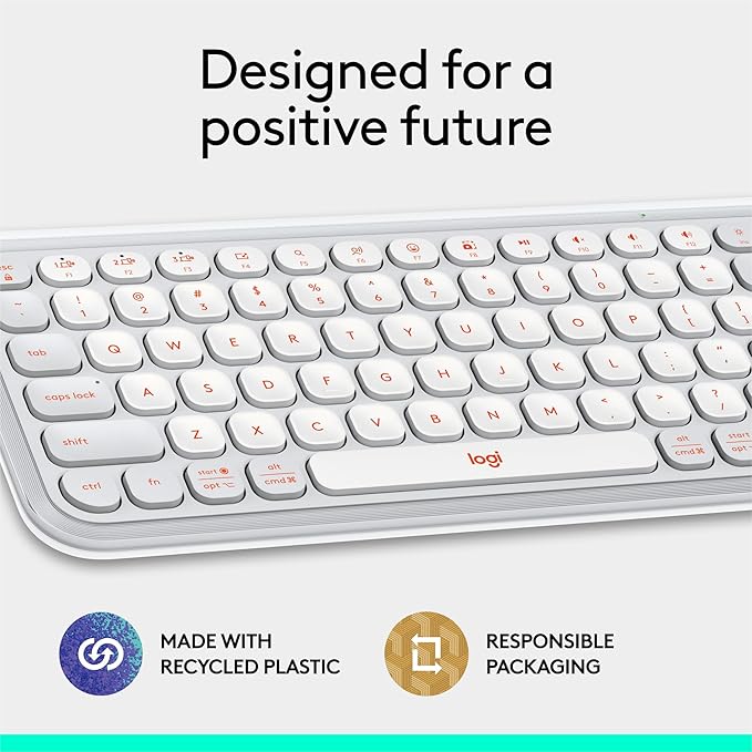 Logitech POP ICON Keys Wireless Bluetooth Keyboard, Comfortable Typing, Programmable Keys, Easy-Switch Between up to 3 Devices, for Laptop, Tablet, PC – Off White and Orange-DeskLoop Office