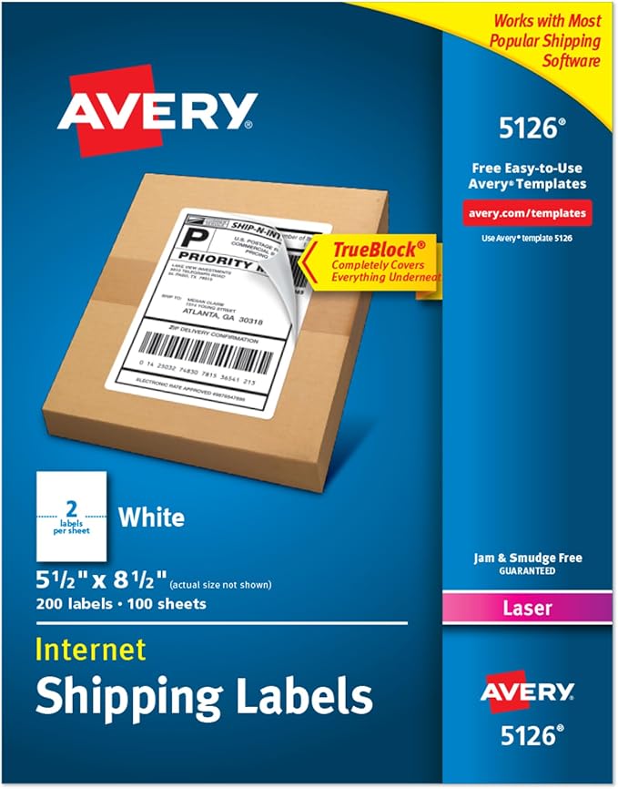 Avery Half-Sheet Printable Shipping Labels, 5.5" x 8.5" Customizable Stickers by Avery