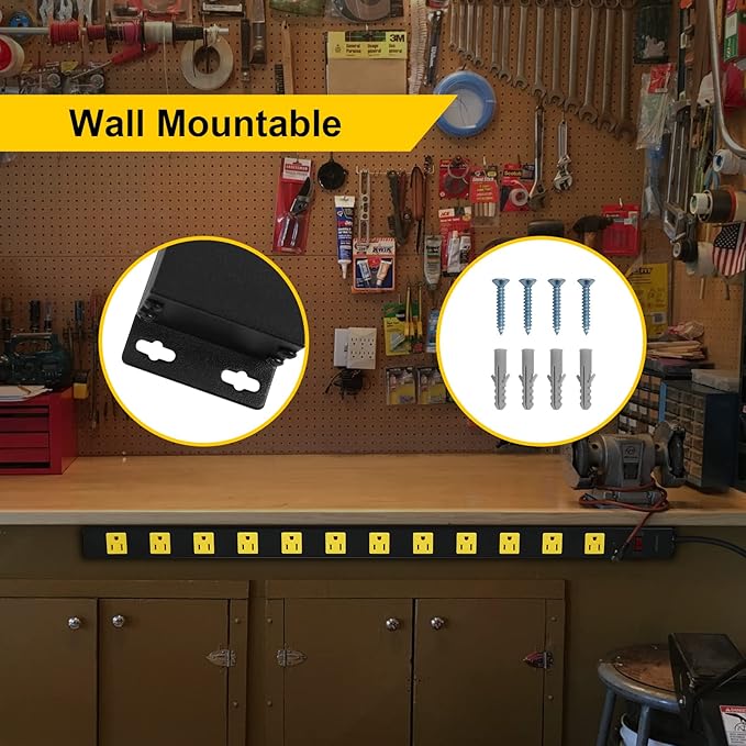 SURAIELEC 12 Outlet Long Metal Power Strip, 15FT Cord Surge Protector, Angled Flat Plug, Wide Spaced Outlet Bar, 15A Breaker, Wall Mountable, Industrial Heavy Duty for Work Bench, Shop, Garage, 2 Pack-DeskLoop Office