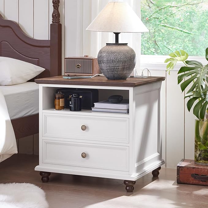 24" Wide Farmhouse Nightstand Set of 2 with Charging Station,End Table with 2 Drawers,White Wood Dresser for Bedroom Cabinet, Bed Side Table Chest of Drawers, Night Stand for Living Room, Closet-DeskLoop Office