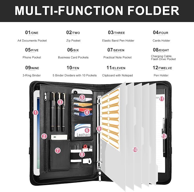 Leathario Portfolio Binder, Includes 5 Folder Index Dividers, 13 Inch Tablets - Image 5