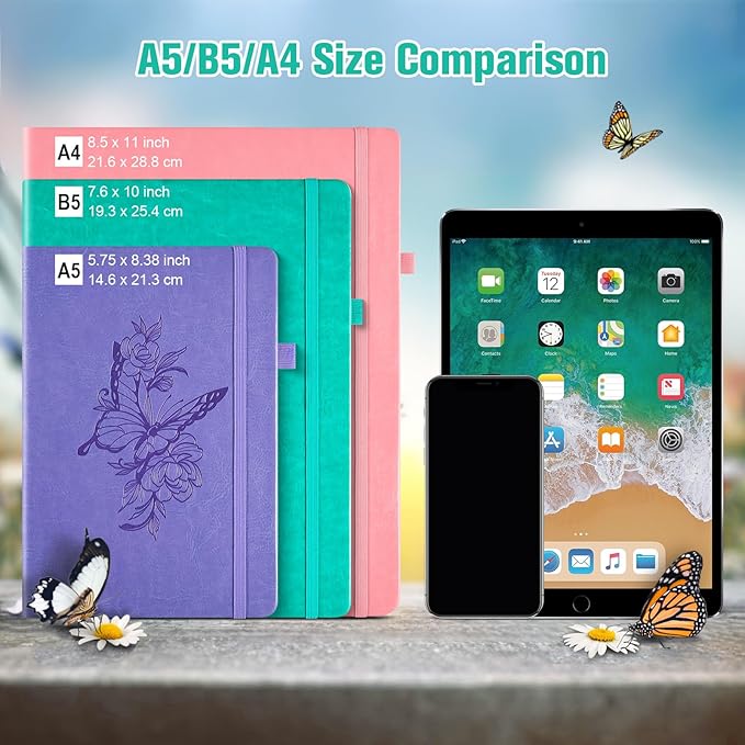 Lined Notebook Journal for Women Men, 312 Numbered Pages A5 Thick Leather Journal for Writing, Daily Journal for Work School, Hardcover College Ruled Notebook, Butterfly Floral Notebook, Peacock Blue-DeskLoop Office