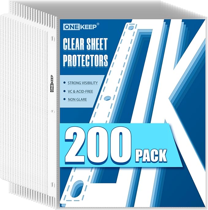 200 Pack Sheet Protectors, Top Loading Reinforced 3-Hole Page | Protectors by ONEKEEP