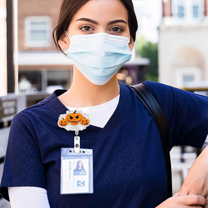 Halloween Pumpkin Badge Reel Cute Glitter Badge Holder Badge Clip Nurse Badge Reel Halloween Handbone Retractable Name Badge Name Tag Holder Nursing Student Social Worker Gift for Coworker-DeskLoop Office