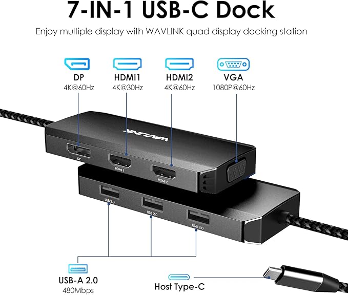 WAVLINK USB-C Docking Station for MacBook, Dell XPS, Lenovo Yoga, HP Laptops - Dual HDMI, DisplayPort, VGA, 3 USB 2.0 Ports, Black-DeskLoop Office
