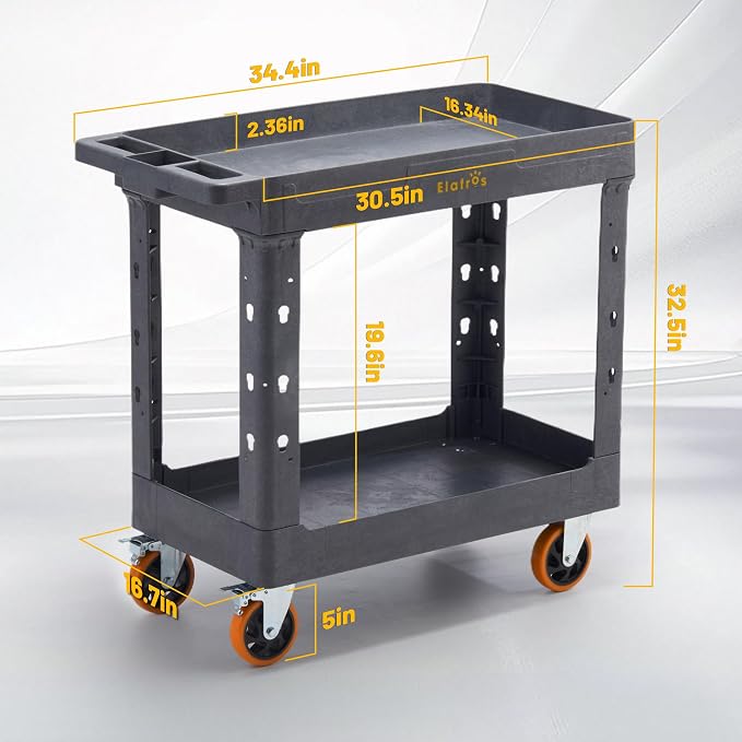 ELAFROS 2-Tier Heavy Duty Utility Rolling Cart, 34 x 17 in, Full Swivel Wheels - Image 2
