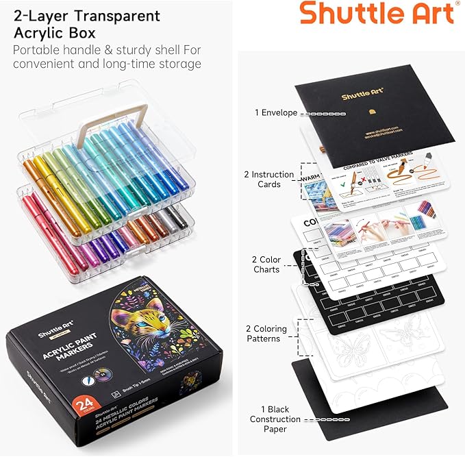 Automatic Ink Control Acrylic Paint Markers, Shuttle Art 24 Metallic Colors Brush Tip Acrylic Paint Pens for Rock Painting, Ceramic, Wood, Canvas, Glass, Stone, Fabric, Card Making, DIY & Art Supplies-DeskLoop Office