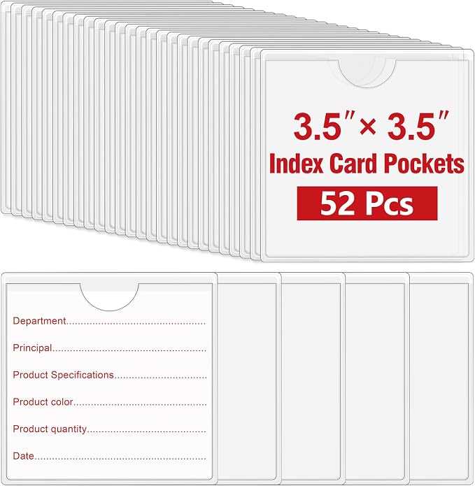 52 Pcs 3.5" x 3.5" Self Adhesive Index Card Pockets Label Pockets by BESARME