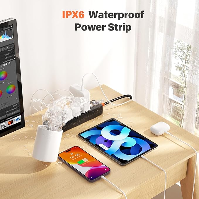 Power Strip Weatherproof, Surge Protector with 4 Wide Outlets, 1875W/15A Overload Protection Switch, 6FT Flat Plug Multi-Plug Outdoor Extension Cord for Indoor Outdoor, UL FCC Listed-DeskLoop Office