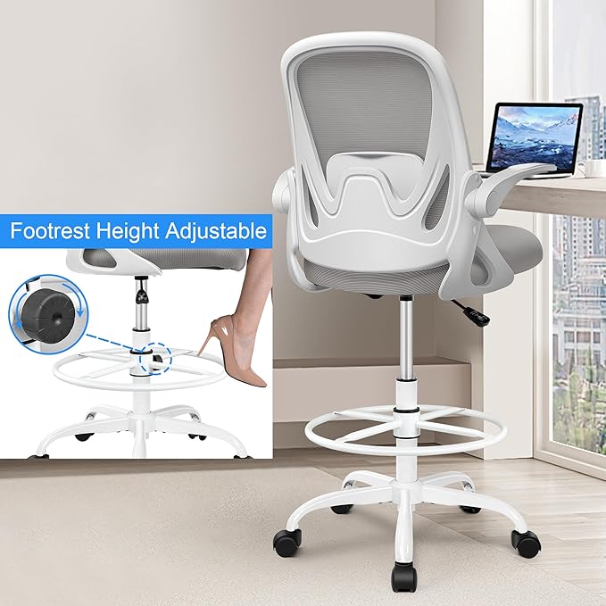 Drafting Chair Tall Office Chair with Flip-up Armrests, Adjustable Height, and Enhanced Lumbar Support - Ergonomic Rolling Stool, Back Support, and Adjustable Foot Rest Ring for Standing Desk Gray-DeskLoop Office