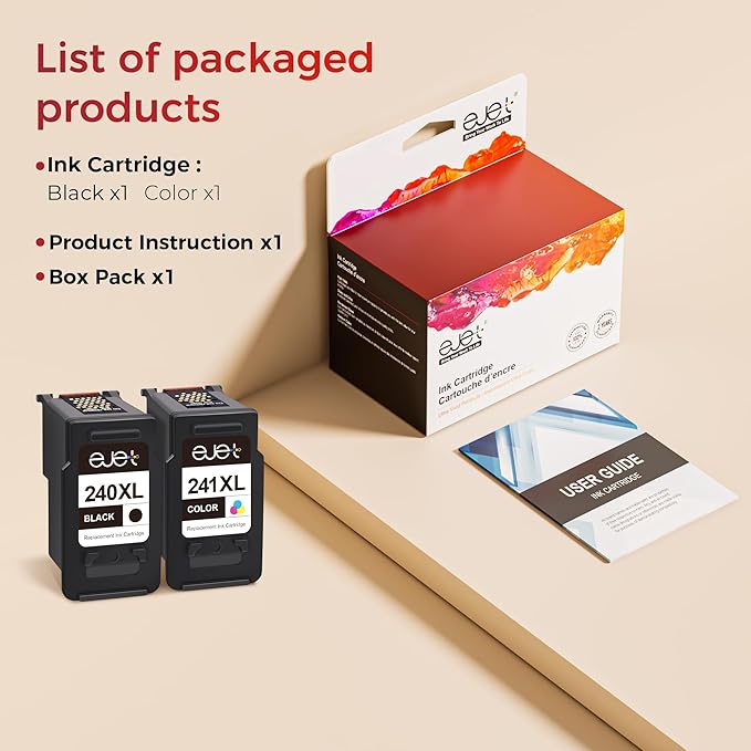 ejet PG-240XL/CL-241XL Ink Cartridge Replacement for Canon 240XL 241XL Combo Pack for Canon 240 241 High Capacity for Printer Pixma MG3620 TS5120 MG2120 MG3520 MX452 MX512 MX532 MX472 (2 Pack)-DeskLoop Office