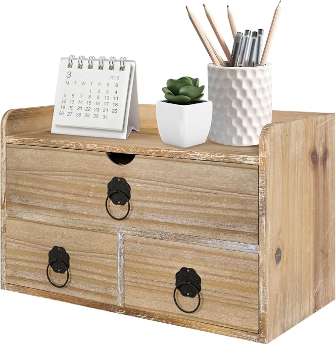 Washed White Wood Desk Organizer, Mini Desktop Organizer by SEEKELEGANT