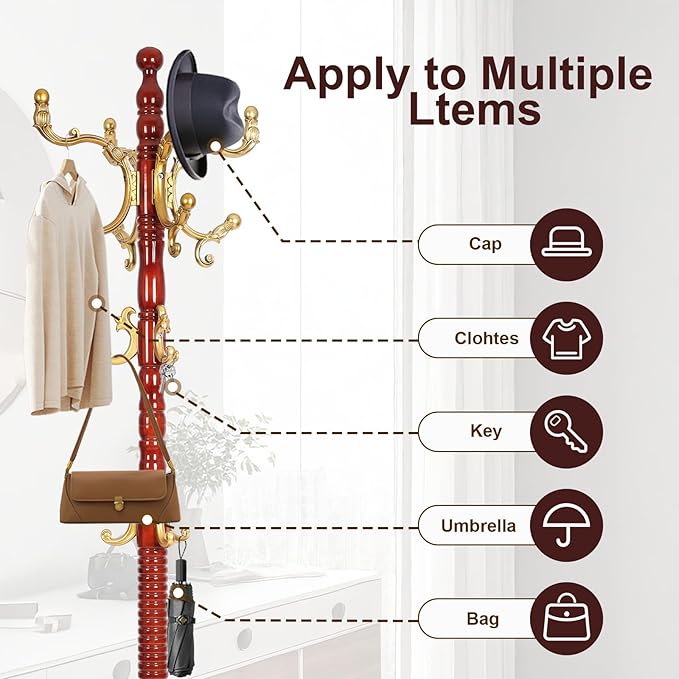 Solid Wood Coat Rack – 73" Freestanding Coat Racks Stand with 14 Hooks & Stable Base, Adjustable Height Modern Wooden Hall Tree for Entryway, Bedroom, Office, Home (Begonia Round)-DeskLoop Office