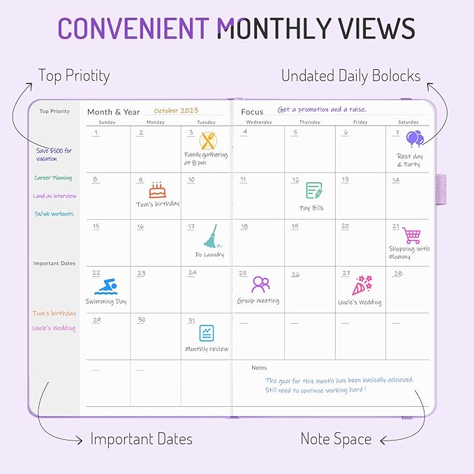 Undated Weekly Planner for 2025, Forvencer Simplified Weekly & Monthly Calendar Planner, Cute Daily Organizer Notebook, Agenda Journal to Track Goals & Tasks, Start Anytime, A5 Size, Navy Floral