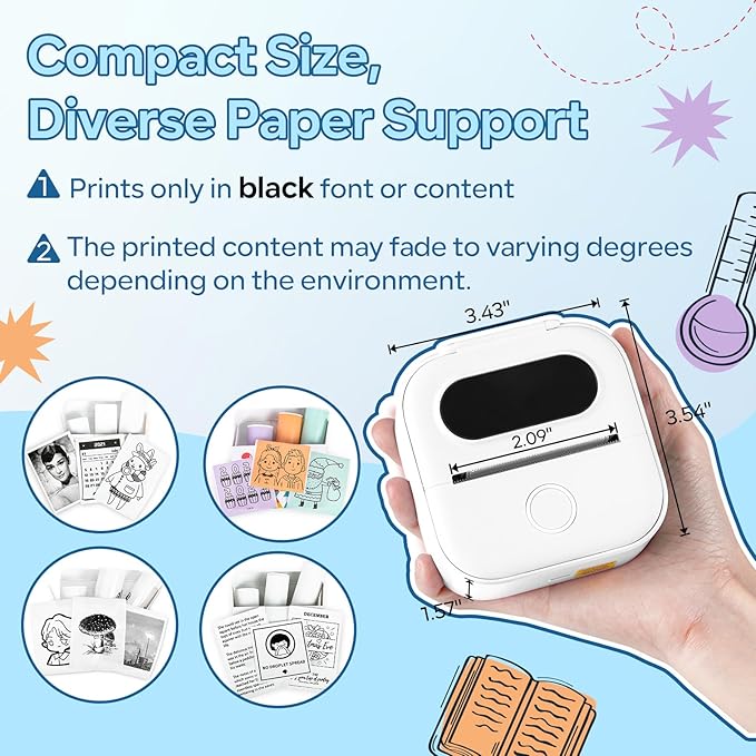 Print Pods Mini Printer, Sticker Maker Machine Y02C, Mini Portable Printer with 1 Roll Paper, Bluetooth Inkless Receipt for Phone, Thermal Portable Maker for Journal, Note, Photos, Learning-DeskLoop Office