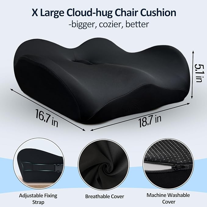 X Large Memory Foam Seat Cushions for Office Chairs, Long Sitting Pressure Relief Ergonomic Office Chair Cushion for Butt Coccyx Tailbone Sciatica, Car Seat Booster for Height (Pure Black)-DeskLoop Office