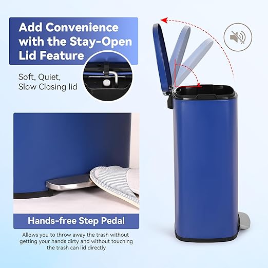 PayLessHere Stainless Steel Trash Can with Lid - Removable Inner Bucket, Foot Pedal Soft Close for Office, Home, Kitchen Garbage Bin (Deep Blue, 13 G)