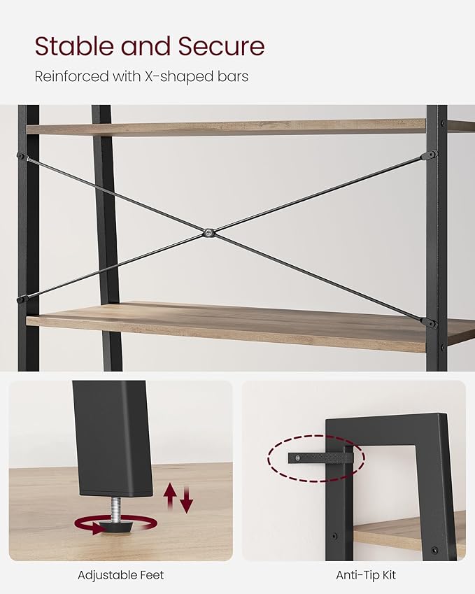 VASAGLE Ladder Shelf, 4-Tier Bookshelf, Storage Rack, Bookcase with Steel Frame, for Living Room, Home Office, Kitchen, Bedroom, Industrial Style, Camel Brown and Ink Black ULLS144B50-DeskLoop Office