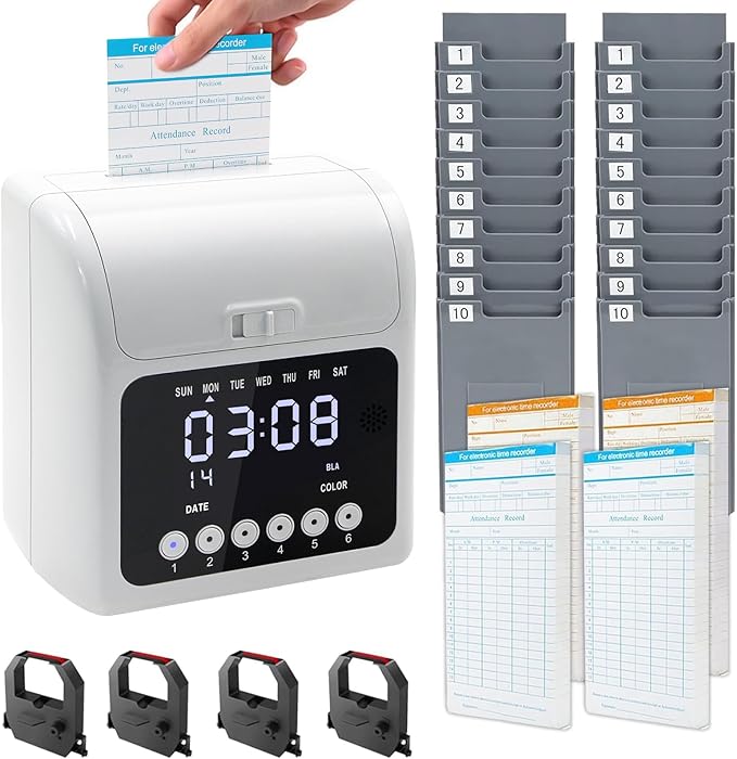 Time Clock Bundle for Small Business, Passcode Time Clock Punch Machine with 200 Time Cards, 4 Ink Ribbons, 2 Ten-Slot Time Card Racks, Auto-Align Clock in Machine for Employees-DeskLoop Office