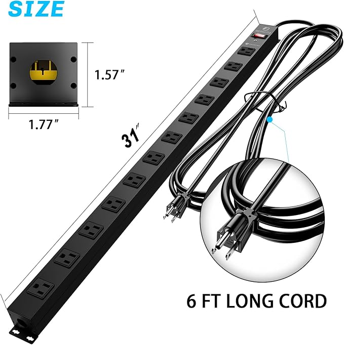 12 Outlet Surge Protector Metal Power Strip, 1800J Mountable Power Outlet, Heavy Duty Workshop Metal Power Strip for Commercial, Industrial, School and Home,15A 125V 1875W (6FT)-DeskLoop Office
