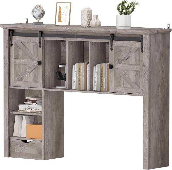 Large Desktop Bookshelf with Sliding Barn Door, 47.2''W Desk Shelf Display Rack - Image 8