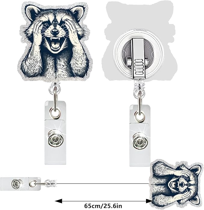 Cute Raccoon Retractable Reel Badge ID Card Clip Acrylic Badge Holder with 360°Rotation Rotundity Metal Alligator Clip Designs Nursing Name Tag for Nurse Doctor Office Worker Accessories-DeskLoop Office