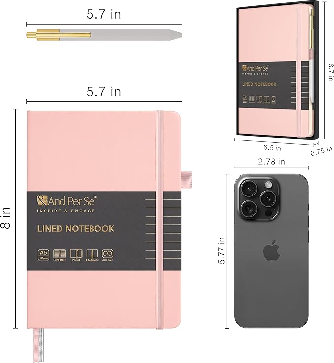 A5 Lined Leather Journal and Pen Set for Women&Men, Gift Box Included, Hardcover Notebook with 160 Pages 100GSM Thick Paper, for Work, Business, School or Home Writing (Pink)-DeskLoop Office