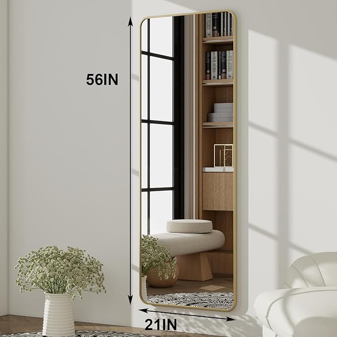 HARRITPURE 56" x 21" Rounded Full Length Mirror Aluminum Frame Gold Mirror Full Length Floor Mirror with Stand for Living Room Bedroom Cloakroom-DeskLoop Office