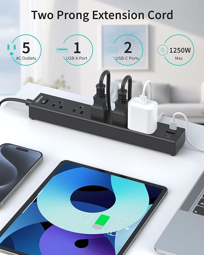 2 Prong Power Strip, 2 to 3 Prong Outlet Adapter with Polarized Plug, 1700J Surge Protector, 6ft Two Prong Extension Cord, 5 AC Outlets & 3 USB(5V 3.4A Max), Wall Mount for Non-Grounded Outlet-DeskLoop Office