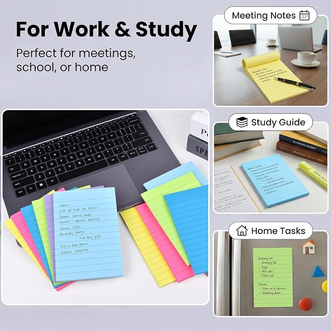 12 Pack Lined Sticky Notes 4x6 in Bright Colors Self-Stick Note Pads - Image 3