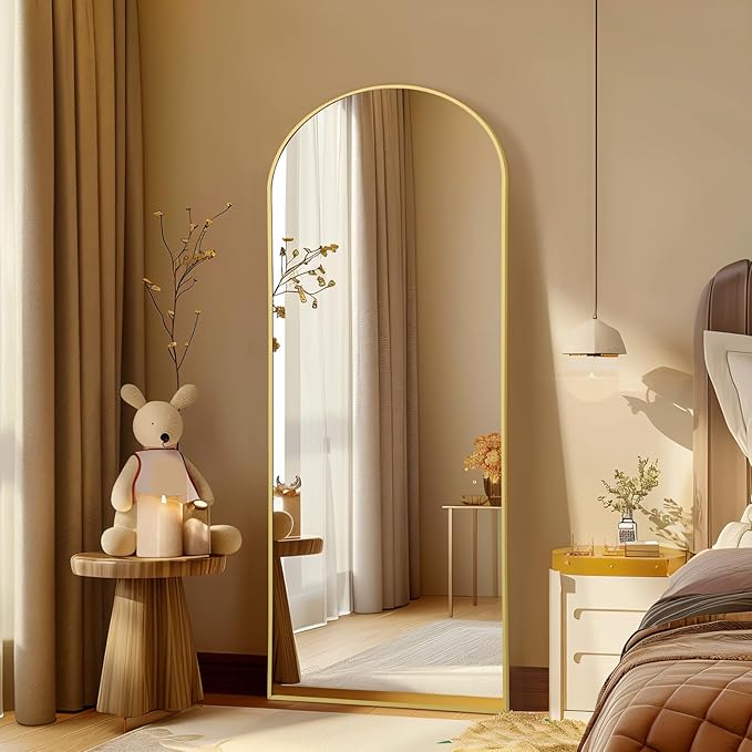 Floor Mirror Full Length, 56"X18" Gold Arch Full Length Body Mirror Wall Mounted with Thin Aluminum Frame, Tempered Glass Long Standing Mirror for Bedroom Living Room Dorm-DeskLoop Office