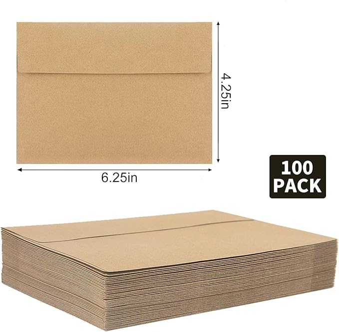 100 Pack Kraft Envelopes,A4 Envelopes,4x6 Envelopes for Invitations,Wedding, Baby Shower,Brown Kraft Envelopes for Personalize Gift Cards, Birthday Party