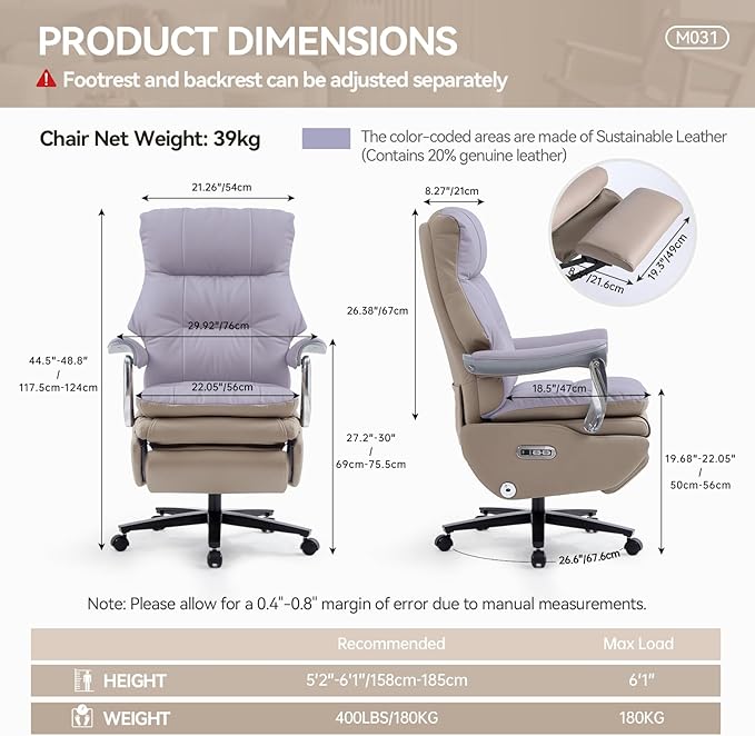 Executive Office Chair with Footrest,Sustainable Leather Electric Ergonomic Reclining Home Office Desk Chairs with Massage,Big and Tall Comfy Computer Chair with Wheels High Back 400LB,Khaki-DeskLoop Office