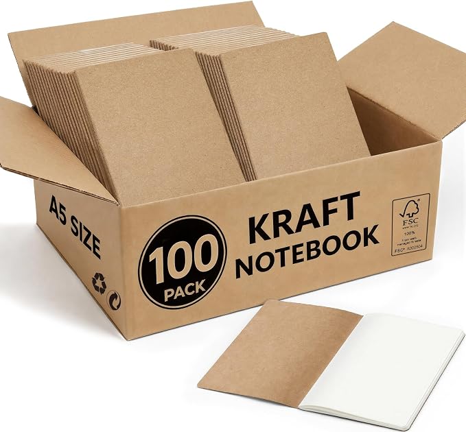 100 Pack Blank Kraft Notebooks A5, Wholesale Bulk Unlined Journals, 80gsm by Foliom