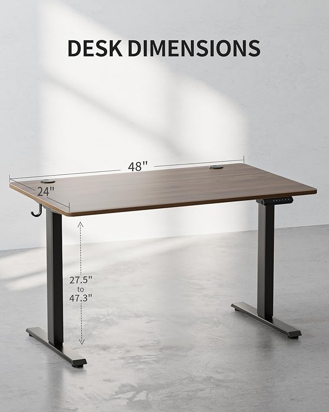 FEZIBO One-Piece Standing Desk Adjustable Height Stand up Home Office Desk, 48x24 Inch Electric Standing Computer Desk, with 4 Memory Presets, Fixable casters, Black Walnut-DeskLoop Office