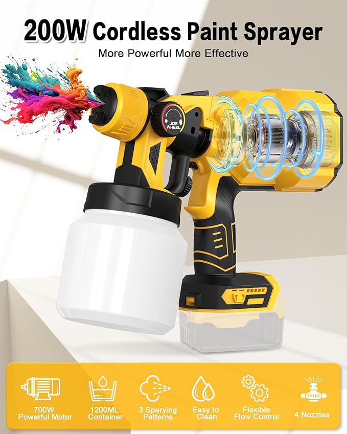 200W Cordless Airless Paint Sprayer for Dewalt 20V MAX Battery, Electric HVLP Spray Paint Gun with 1200ML Container, 4 Copper Nozzles,3 Patterns for Fence, Cabinets, Wall etc. (Battery Not Included)-DeskLoop Office