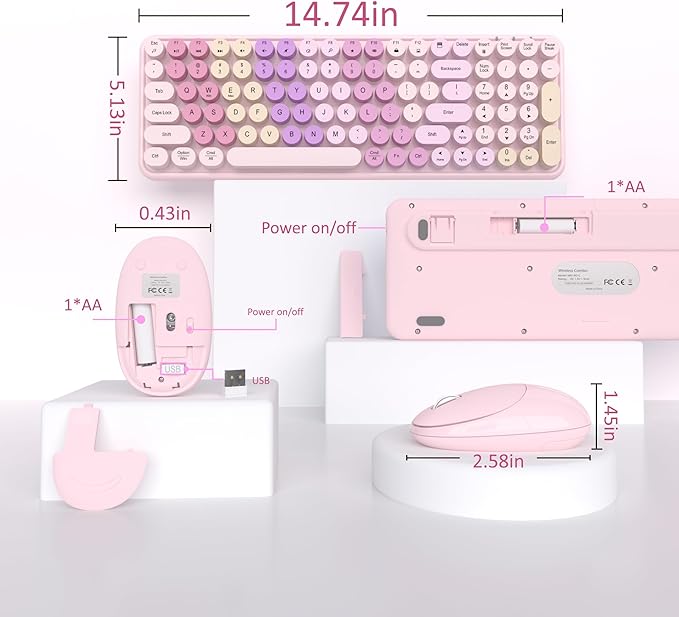 Colorful Wireless Keyboard Mouse Combo, Gradient Rainbow Colors 100 Keys and 2.4GHz Optical Mouse Connection for Windows, Mac, Laptop, PC, Desktop (Pink Colorful)-DeskLoop Office