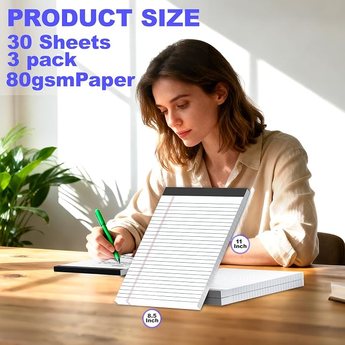 3 Pack White Legal Pads 8.5 x 11 Inch, Wide Ruled Notepads Lined Memo Note Pads - Image 2