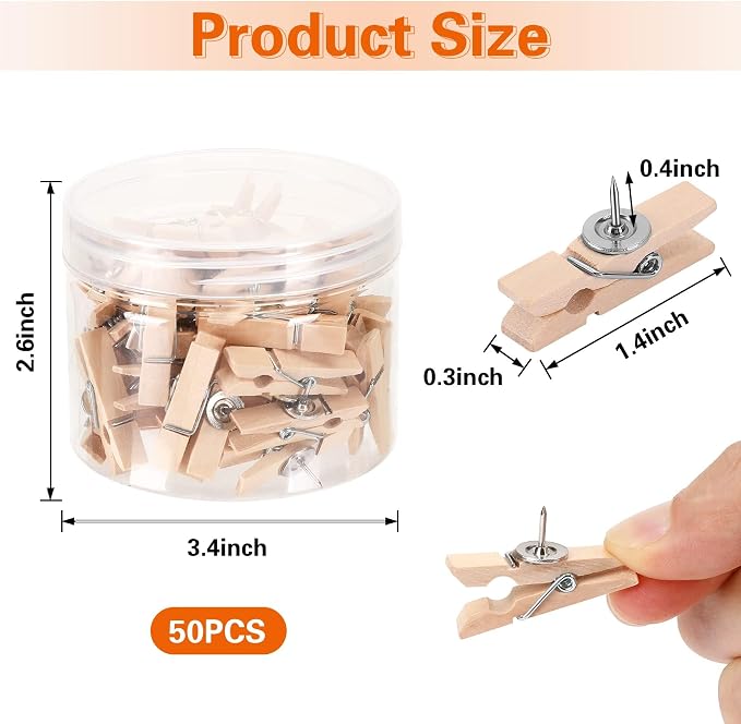 SANNIX 50Pcs Push Pin with Wooden Clips, Push Pins - Image 2
