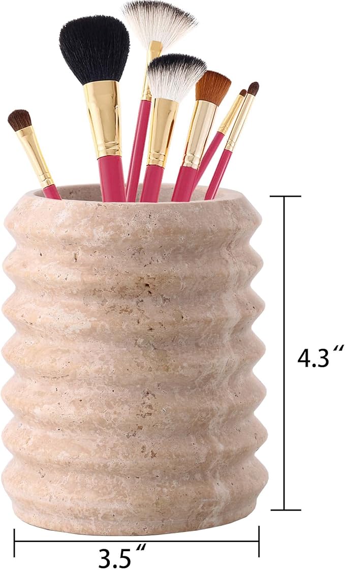 WORHE Pen Holder Stand for Desk, Natural Travertine Stone Makeup Brush Holders, Modern and Functional Pencil Cup for Office Supplies Tableware Organizer for Home Decor School Beige (PH90110)-DeskLoop Office