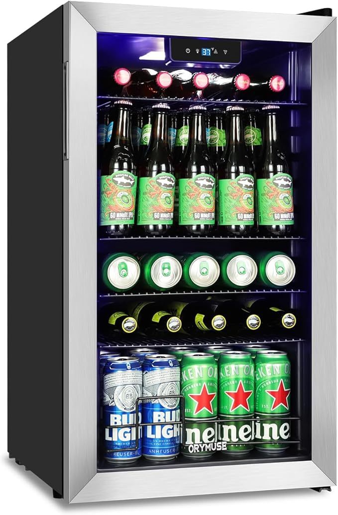 120 Can Beverage Refrigerator – Mini Fridge with Glass Door for Soda Beer or Wine, Beverage Cooler for Bedroom, Office, Bar with Adjustable Shelves & Digital Temperature Display, Silver-DeskLoop Office