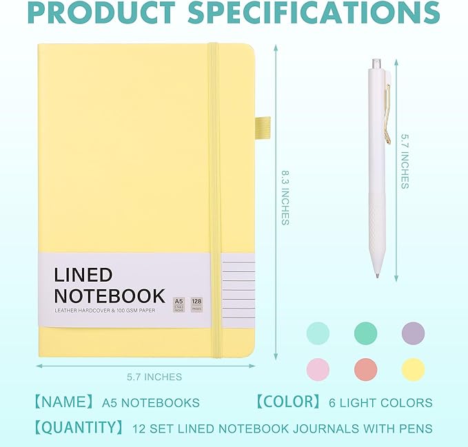 Aodaer 12 Set Lined Notebook Journals with Pens A5 Notebooks 100 GSM College Ruled Hardcover Notebook PU Leather Notepad with Pen Holder for Office School, 5.7 x 8.3 Inches, Light Multicolor-DeskLoop Office